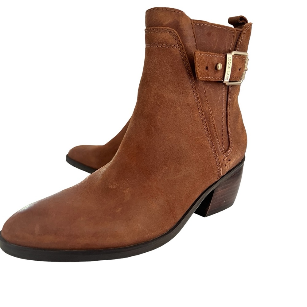 Lucca Lane boot leather suede latch buckle brush brown suede ankle Meyna brown